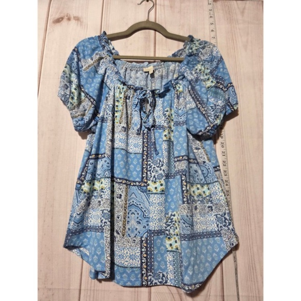 Chenault Blue Patchwork Print Off The Shoulder Tiered Ruffle Neck Tie Top Size L